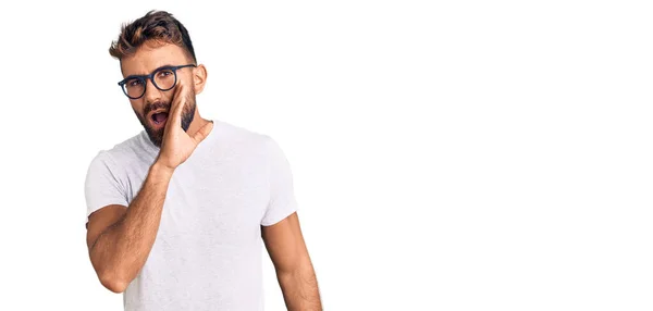 Young Hispanic Man Wearing Casual Clothes Glasses Hand Mouth Telling — Stock Photo, Image