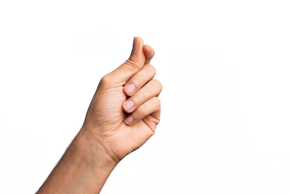 Рука Білого Чоловіка Показує Пальці Над Ізольованим Білим Тлом Тримає — стокове фото