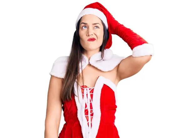 Joven Hermosa Mujer Caucásica Con Traje Santa Claus Confundir Preguntarse — Foto de Stock