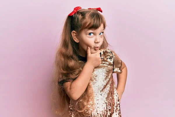 Little Caucasian Girl Kid Wearing Festive Sequins Dress Hand Chin — Stock Photo, Image