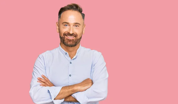 Hombre Guapo Mediana Edad Con Camisa Negocios Cara Feliz Sonriendo —  Fotos de Stock