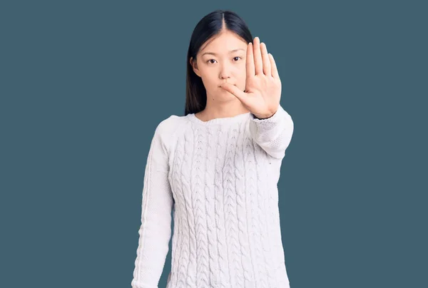 Young Beautiful Chinese Woman Wearing Casual Sweater Doing Stop Sing — Stock Photo, Image