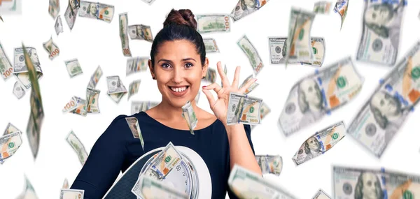 Young Beautiful Woman Holding Weighing Machine Doing Sign Fingers Smiling — Stock Photo, Image