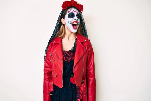 Woman Wearing Day Dead Costume White Angry Mad Screaming Frustrated — Stock Photo, Image