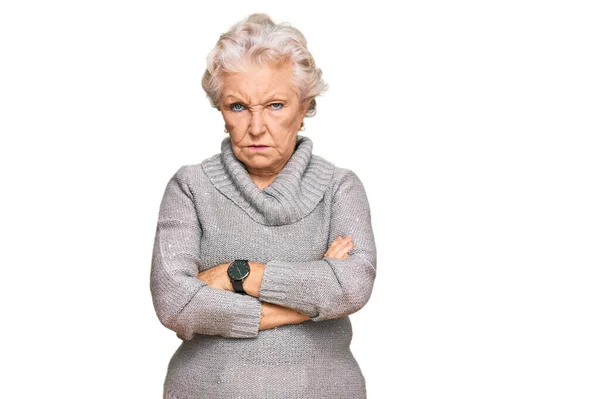 Senior Grijsharige Vrouw Draagt Casual Winter Trui Sceptisch Nerveus Afkeurende — Stockfoto