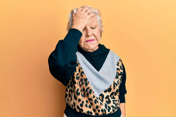 Senior Grey Haired Woman Wearing Sportswear Surprised Hand Head Mistake — 图库照片