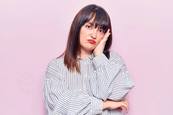 Young Size Woman Wearing Casual Clothes Thinking Looking Tired Bored — Stock Photo, Image