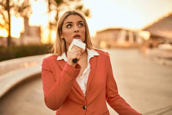 Young Blonde Reporter Woman Working Using Microphone City — Stock Photo, Image