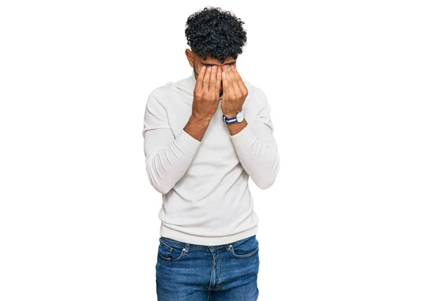 Young Arab Man Wearing Casual Winter Sweater Rubbing Eyes Fatigue — Stock Photo, Image