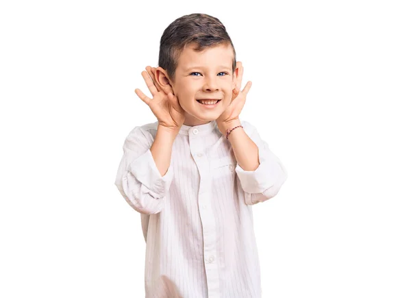 Lindo Niño Rubio Con Camisa Elegante Tratando Escuchar Ambas Manos — Foto de Stock