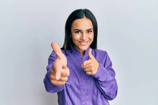 Young Brunette Woman Wearing Casual Clothes Pointing Fingers Camera Happy — Stock Photo, Image