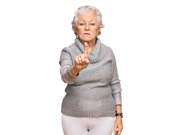 Senior Grey Haired Woman Wearing Casual Winter Sweater Pointing Finger — Fotografia de Stock