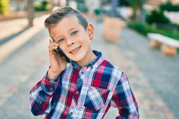 Adorable Caucasian Boy Smiling Happy Talking Smartphone City — Stock Photo, Image