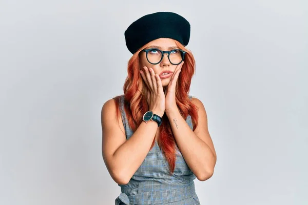 Young Redhead Woman Wearing Fashion French Look Beret Tired Hands — Stock Photo, Image