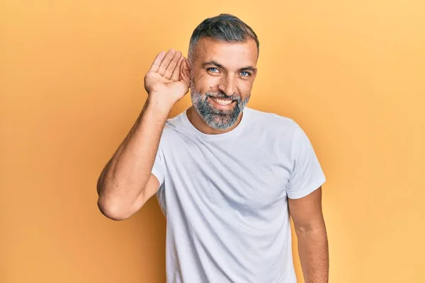 Middle Age Handsome Man Wearing Casual White Tshirt Smiling Hand — Stock Photo, Image