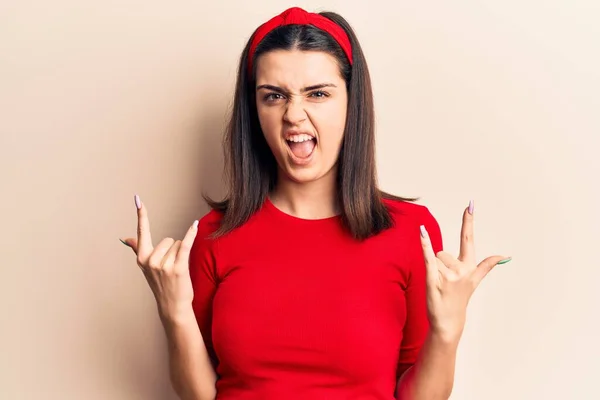 Young Beautiful Girl Wearing Casual Shirt Diadem Shouting Crazy Expression — Stock Photo, Image