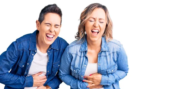 Couple Women Wearing Casual Clothes Smiling Laughing Hard Out Loud — Stock Photo, Image