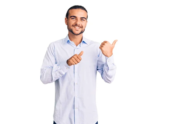 Young Handsome Man Wearing Business Clothes Pointing Back Hand Thumbs — Stock Photo, Image
