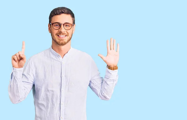 Handsome Young Man Bear Wearing Elegant Business Shirt Glasses Showing — Stock Photo, Image