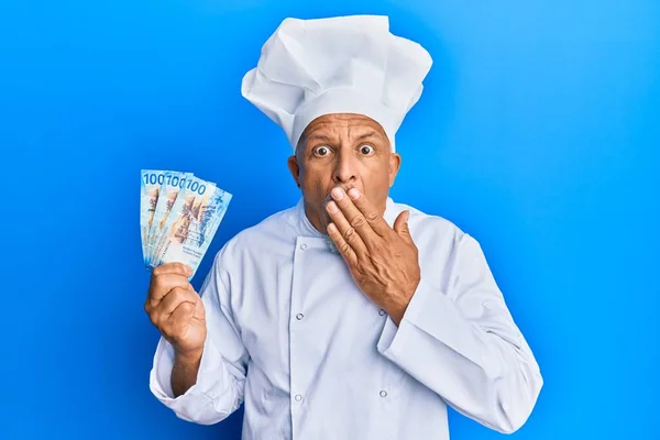 Middle Age Grey Haired Man Wearing Professional Cook Uniform Holding — Stock Photo, Image