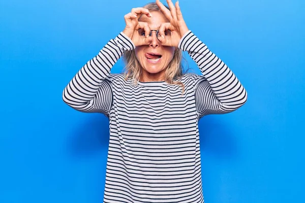 Middle Age Caucasian Blonde Woman Wearing Casual Striped Sweater Glasses — Foto de Stock