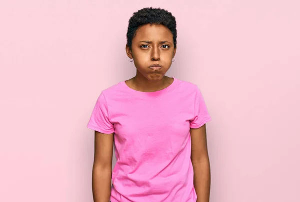 Young African American Woman Wearing Casual Clothes Puffing Cheeks Funny — Stock Photo, Image