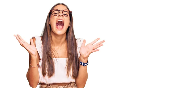 Young Hispanic Woman Wearing Casual Clothes Glasses Celebrating Mad Crazy — Stock Photo, Image