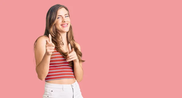 Beautiful Caucasian Young Woman Wearing Casual Clothes Pointing Fingers Camera — Stock Photo, Image