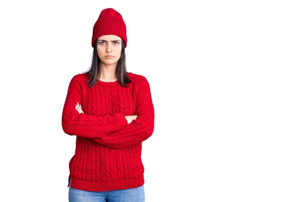 Young Beautiful Girl Wearing Sweater Wool Cap Skeptic Nervous Disapproving — Zdjęcie stockowe