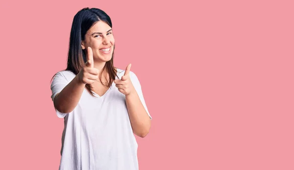 Young Beautiful Brunette Woman Wearing Casual Shirt Pointing Fingers Camera — Stock Photo, Image