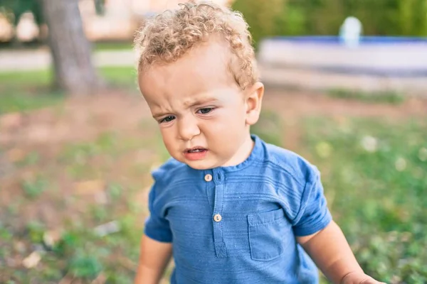 Cute Sad Little Boy Crying Having Tantrum Park Sunny Day — Stock Photo, Image