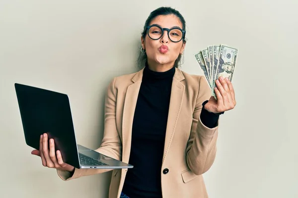 Young Hispanic Woman Wearing Business Style Holding Laptop Euros Looking — Stock Photo, Image