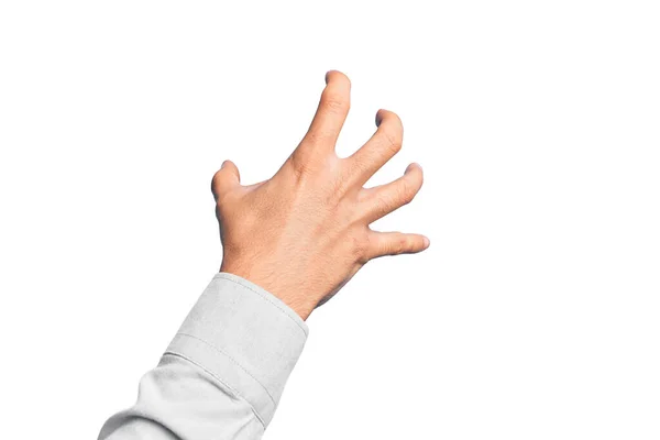 Ręka Kaukaski Młody Człowiek Pokazujący Palce Odizolowanym Białym Tle Chwytając — Zdjęcie stockowe