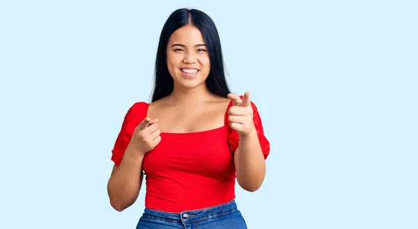 Young Beautiful Asian Girl Wearing Casual Clothes Pointing Fingers Camera — Stock Photo, Image