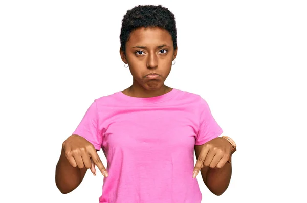 Young African American Woman Wearing Casual Clothes Pointing Looking Sad — Stock Photo, Image