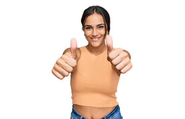 Young Brunette Woman Wearing Casual Clothes Approving Doing Positive Gesture — Stock Photo, Image