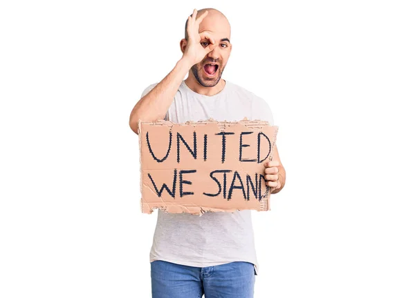 Young Handsome Man Holding United Stand Banner Smiling Happy Doing — Stock Photo, Image