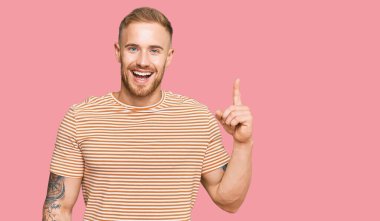 Sıradan kıyafetler giyen genç İrlandalı adam başarılı bir fikirle işaret ediyor. Heyecanlı ve mutlu. Bir numara.. 