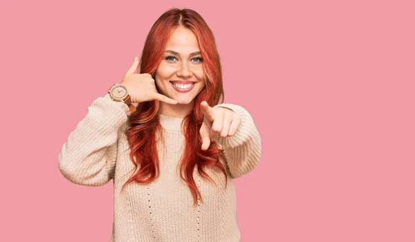 Young Redhead Woman Wearing Casual Winter Sweater Smiling Doing Talking — Stock Photo, Image