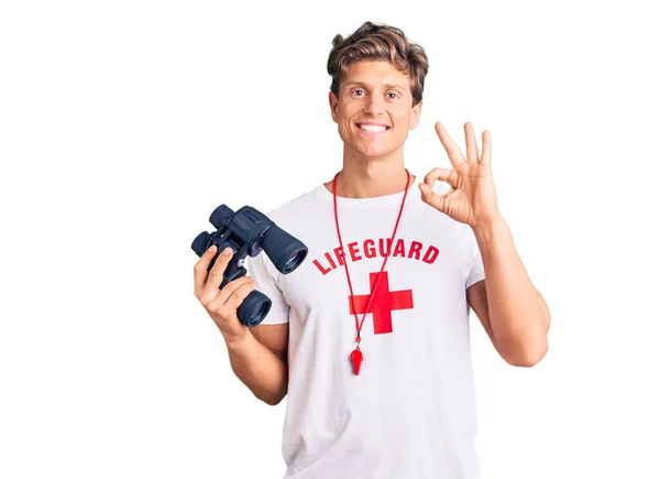 Young Handsome Man Wearing Lifeguard Shirt Using Binoculars Doing Sign — 图库照片
