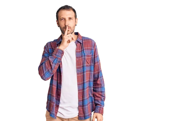 Young Handsome Man Wearing Casual Clothes Asking Quiet Finger Lips — Stock Photo, Image