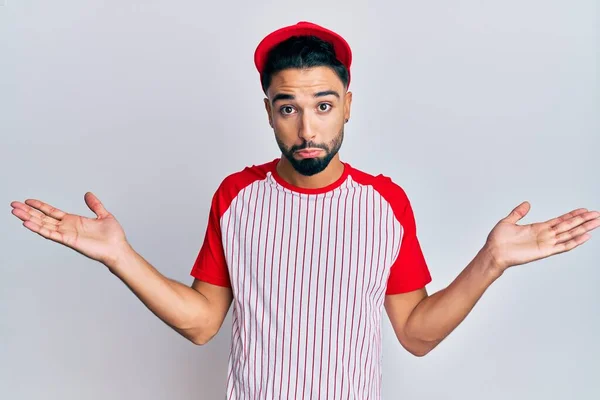 Young Man Beard Wearing Baseball Uniform Clueless Confused Open Arms — Foto de Stock