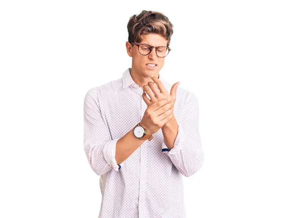 Young Handsome Man Wearing Business Clothes Glasses Suffering Pain Hands — Φωτογραφία Αρχείου