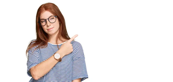 Young Read Head Woman Wearing Casual Clothes Glasses Pointing Hand — Stok fotoğraf