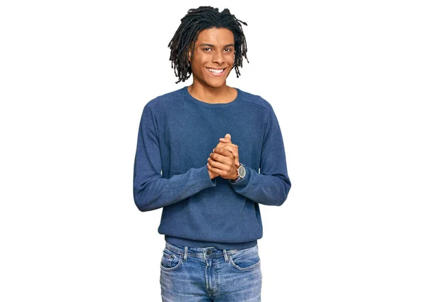 Young African American Man Wearing Casual Winter Sweater Hands Together — Stock Photo, Image