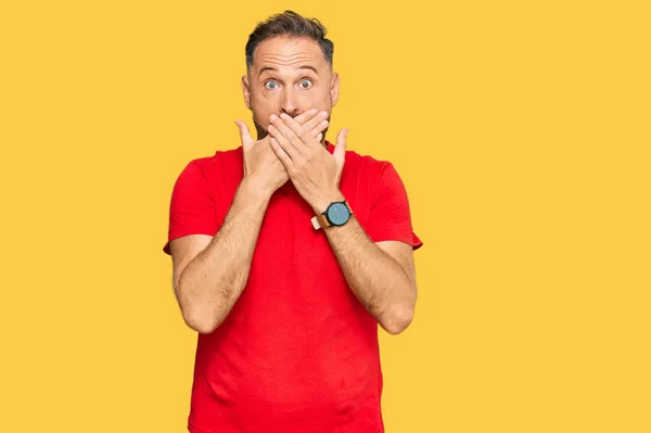 Handsome Middle Age Man Wearing Casual Red Tshirt Shocked Covering — Stock Photo, Image