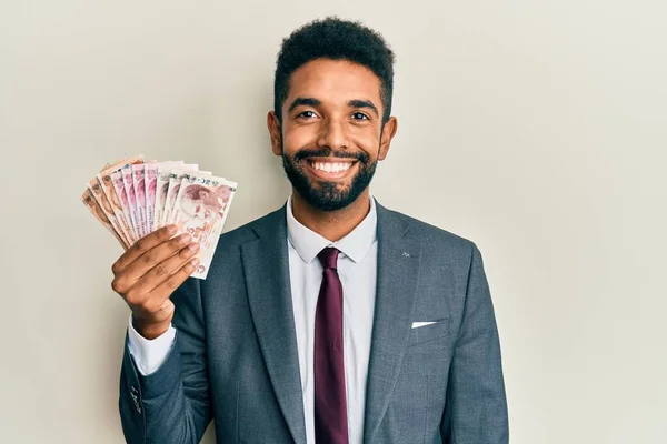 Hombre Negocios Hispano Guapo Con Barba Sosteniendo Billetes Lira Turcos — Foto de Stock