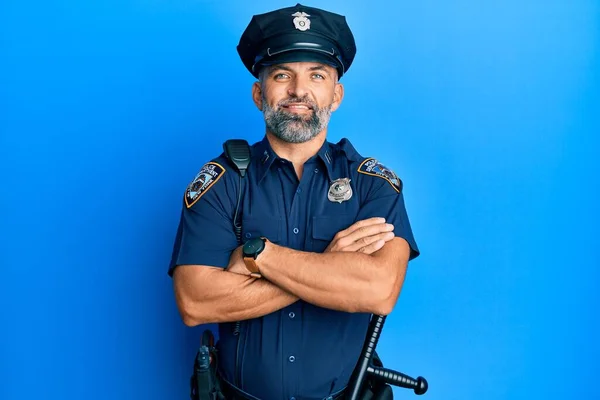 Homem Bonito Meia Idade Vestindo Uniforme Policial Rosto Feliz Sorrindo — Fotografia de Stock