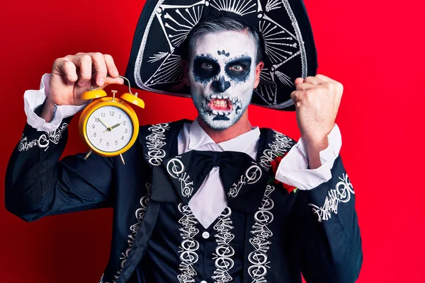 Young Man Wearing Mexican Day Dead Costume Holding Alarm Clock — Stock Photo, Image