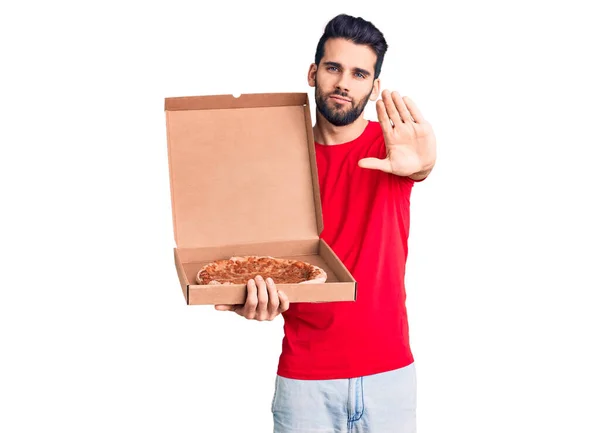 Young Handsome Man Beard Holding Delivery Cardboard Italian Pizza Open — Stock Photo, Image